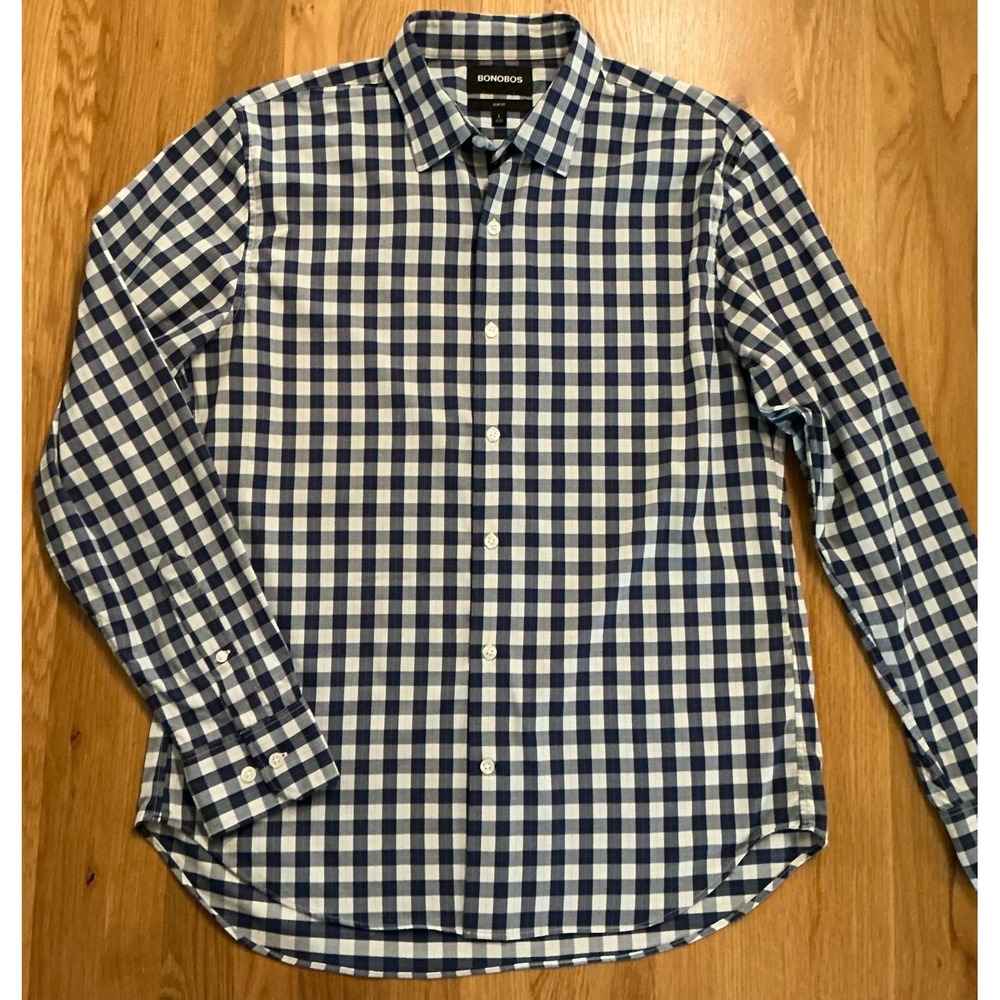 Bonobos Mens L Slim Fit Performance Shirt Blue Plaid Nylon Stretch Button Down